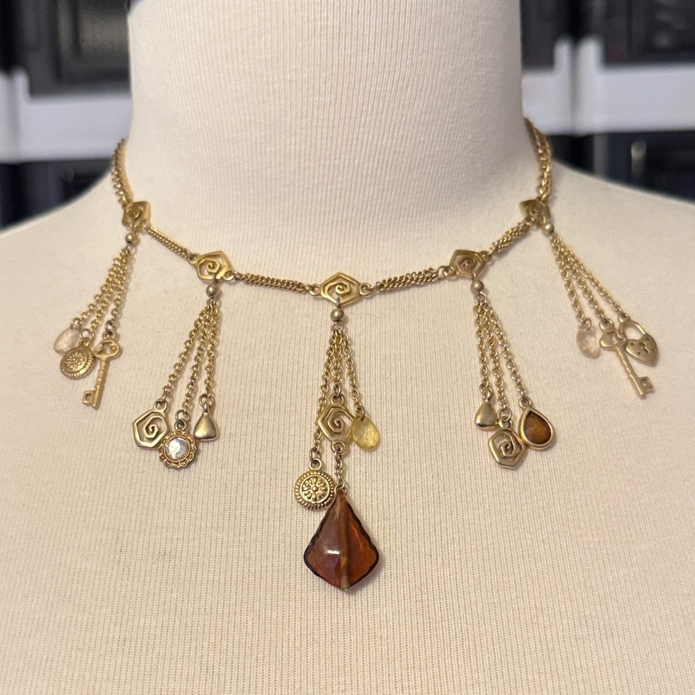 Vintage Gold-plated Pendant Fringe Necklace with Vintage Brown - Picture 1 of 9